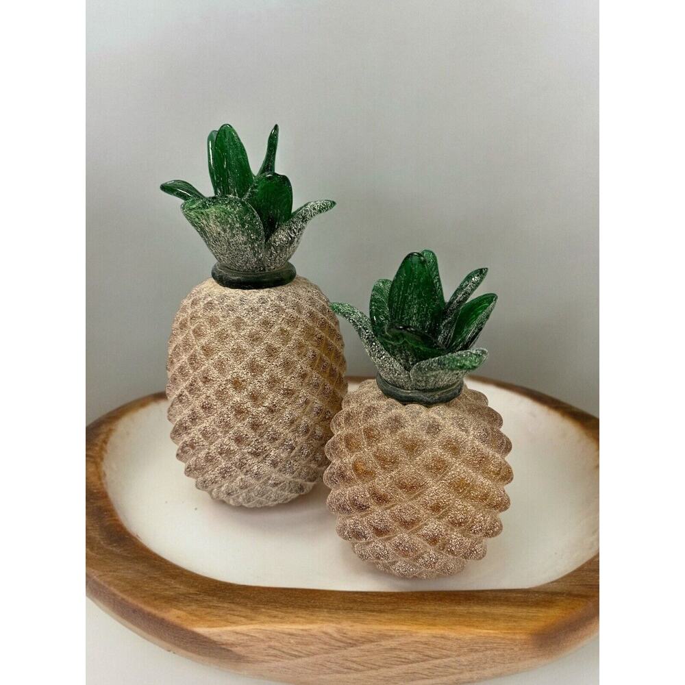 Pair Of Frosted Art Glass Pineapples Hand Blown 9” 7” Unmarked Heavy Home Decor‎